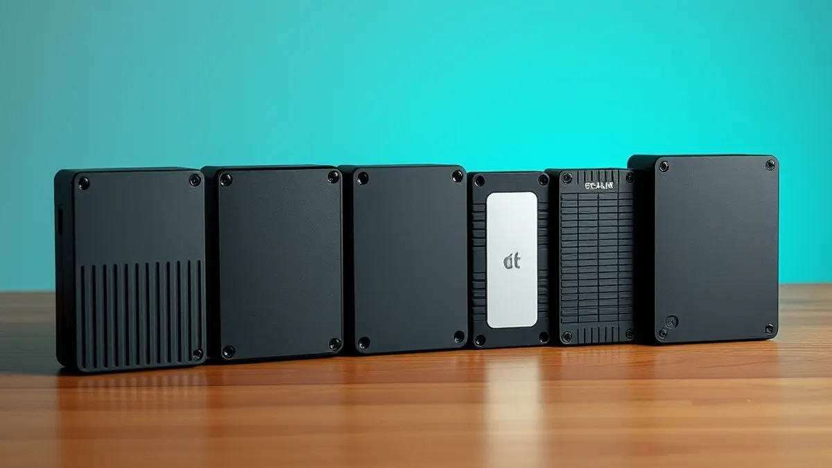 Disque dur externe robuste posé sur un bureau de créatif