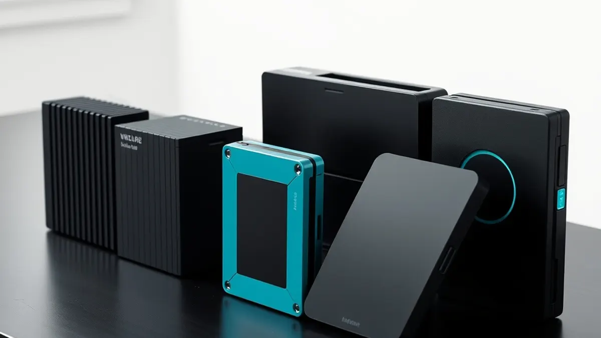 SSD portable externe compact posé près d'un ordinateur