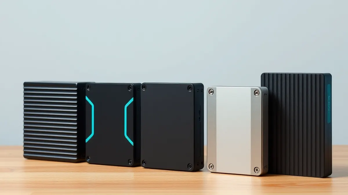Disque dur externe portable connecté en USB sur un bureau